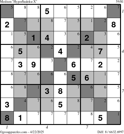 The grouppuzzles.com Medium HyperSudoku-X puzzle for Tuesday April 22, 2025, suitable for printing, with all 8 steps marked
