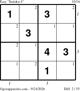 The grouppuzzles.com Easy Sudoku-4 puzzle for Thursday September 24, 2026, suitable for printing, with all 2 steps marked