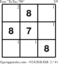 The grouppuzzles.com Easy TicTac-789 puzzle for Thursday September 24, 2026 with the first 2 steps marked