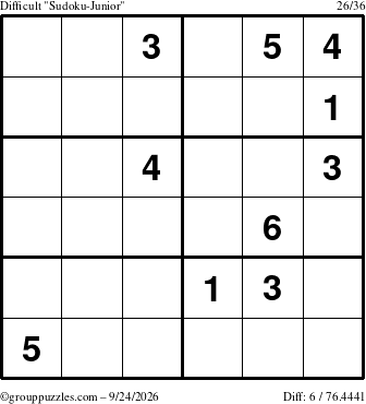 The grouppuzzles.com Difficult Sudoku-Junior puzzle for Thursday September 24, 2026