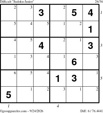 The grouppuzzles.com Difficult Sudoku-Junior puzzle for Thursday September 24, 2026, suitable for printing, with all 6 steps marked