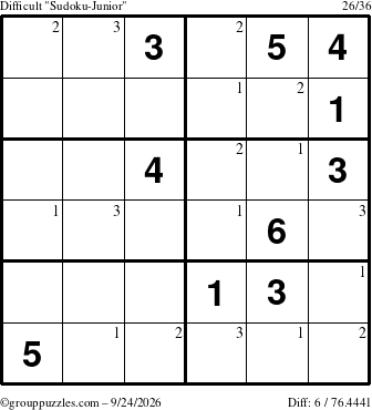 The grouppuzzles.com Difficult Sudoku-Junior puzzle for Thursday September 24, 2026 with the first 3 steps marked