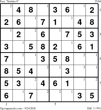 The grouppuzzles.com Easy Sudoku-8 puzzle for Thursday September 24, 2026 with all 3 steps marked