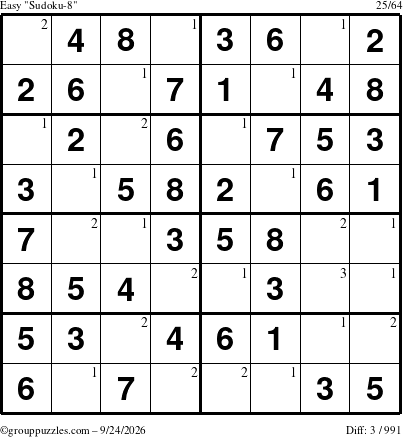 The grouppuzzles.com Easy Sudoku-8 puzzle for Thursday September 24, 2026 with the first 3 steps marked