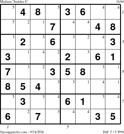 The grouppuzzles.com Medium Sudoku-8 puzzle for Thursday September 24, 2026, suitable for printing, with all 5 steps marked