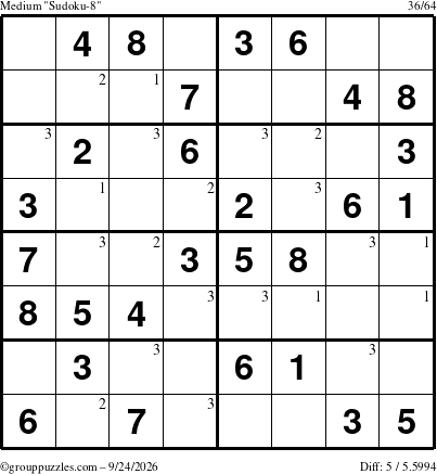 The grouppuzzles.com Medium Sudoku-8 puzzle for Thursday September 24, 2026 with the first 3 steps marked