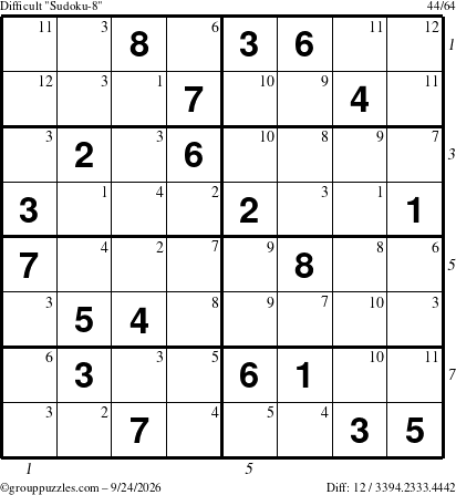 The grouppuzzles.com Difficult Sudoku-8 puzzle for Thursday September 24, 2026 with all 12 steps marked