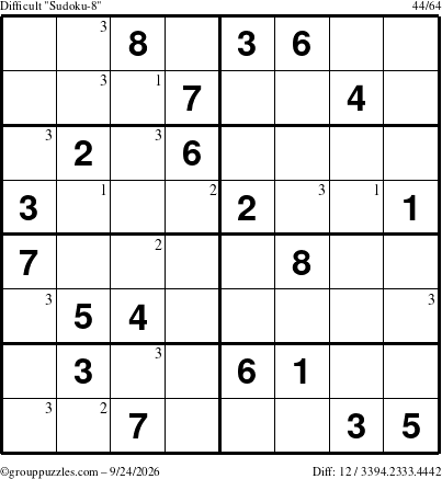 The grouppuzzles.com Difficult Sudoku-8 puzzle for Thursday September 24, 2026 with the first 3 steps marked