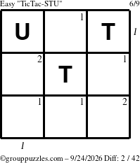 The grouppuzzles.com Easy TicTac-STU puzzle for Thursday September 24, 2026, suitable for printing, with all 2 steps marked
