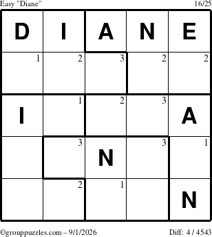 The grouppuzzles.com Easy Diane puzzle for Tuesday September 1, 2026 with the first 3 steps marked