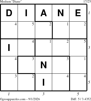 The grouppuzzles.com Medium Diane puzzle for Tuesday September 1, 2026, suitable for printing, with all 5 steps marked