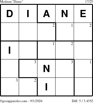 The grouppuzzles.com Medium Diane puzzle for Tuesday September 1, 2026 with the first 3 steps marked