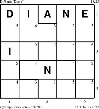 The grouppuzzles.com Difficult Diane puzzle for Tuesday September 1, 2026, suitable for printing, with all 6 steps marked