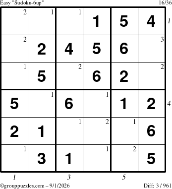 The grouppuzzles.com Easy Sudoku-6up puzzle for Tuesday September 1, 2026 with all 3 steps marked