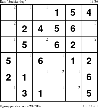 The grouppuzzles.com Easy Sudoku-6up puzzle for Tuesday September 1, 2026 with the first 3 steps marked