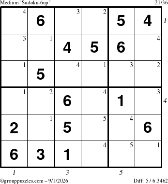 The grouppuzzles.com Medium Sudoku-6up puzzle for Tuesday September 1, 2026, suitable for printing, with all 5 steps marked