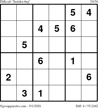 The grouppuzzles.com Difficult Sudoku-6up puzzle for Tuesday September 1, 2026
