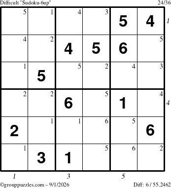 The grouppuzzles.com Difficult Sudoku-6up puzzle for Tuesday September 1, 2026 with all 6 steps marked