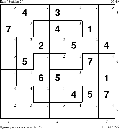 The grouppuzzles.com Easy Sudoku-7 puzzle for Tuesday September 1, 2026, suitable for printing, with all 4 steps marked