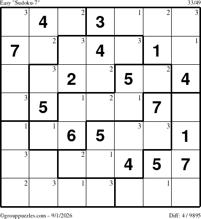 The grouppuzzles.com Easy Sudoku-7 puzzle for Tuesday September 1, 2026 with the first 3 steps marked
