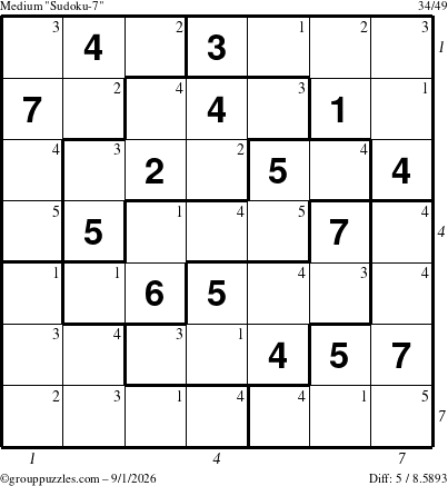 The grouppuzzles.com Medium Sudoku-7 puzzle for Tuesday September 1, 2026, suitable for printing, with all 5 steps marked