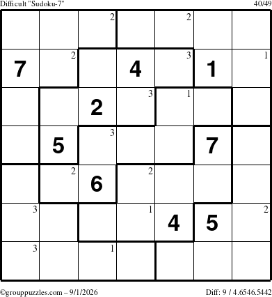 The grouppuzzles.com Difficult Sudoku-7 puzzle for Tuesday September 1, 2026 with the first 3 steps marked
