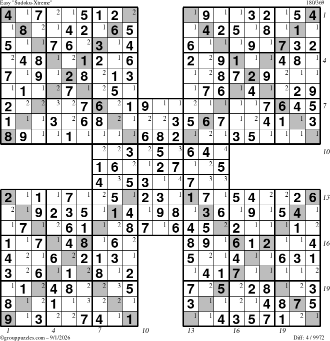 The grouppuzzles.com Easy Sudoku-Xtreme puzzle for Tuesday September 1, 2026, suitable for printing, with all 4 steps marked