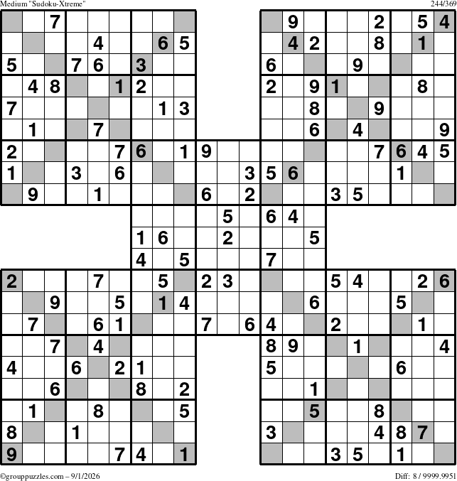 The grouppuzzles.com Medium Sudoku-Xtreme puzzle for Tuesday September 1, 2026