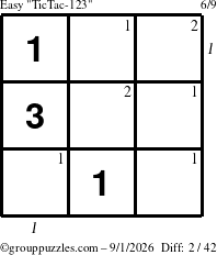 The grouppuzzles.com Easy TicTac-123 puzzle for Tuesday September 1, 2026 with all 2 steps marked