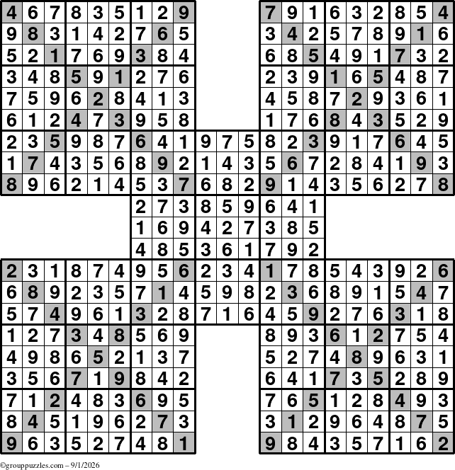 The grouppuzzles.com Answer grid for the Sudoku-Xtreme puzzle for Tuesday September 1, 2026