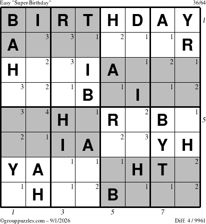 The grouppuzzles.com Easy Super-Birthday puzzle for Tuesday September 1, 2026, suitable for printing, with all 4 steps marked
