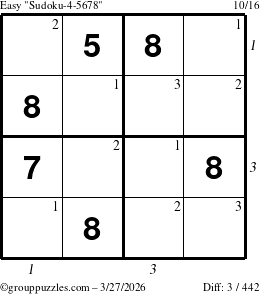 The grouppuzzles.com Easy Sudoku-4-5678 puzzle for Friday March 27, 2026, suitable for printing, with all 3 steps marked