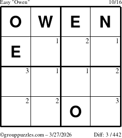 The grouppuzzles.com Easy Owen puzzle for Friday March 27, 2026 with the first 3 steps marked