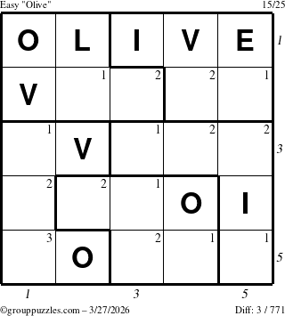 The grouppuzzles.com Easy Olive puzzle for Friday March 27, 2026, suitable for printing, with all 3 steps marked