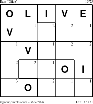 The grouppuzzles.com Easy Olive puzzle for Friday March 27, 2026 with the first 3 steps marked