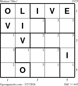 The grouppuzzles.com Medium Olive puzzle for Friday March 27, 2026 with all 3 steps marked