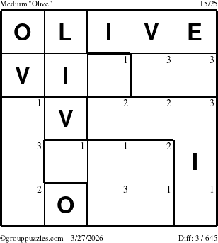 The grouppuzzles.com Medium Olive puzzle for Friday March 27, 2026 with the first 3 steps marked