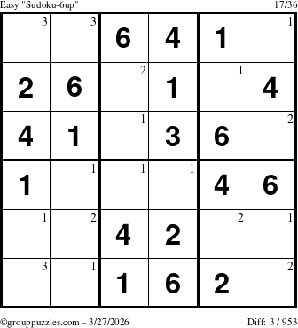 The grouppuzzles.com Easy Sudoku-6up puzzle for Friday March 27, 2026 with the first 3 steps marked