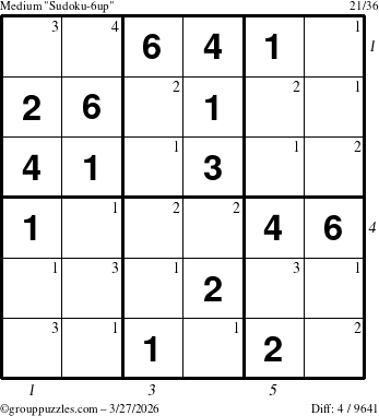 The grouppuzzles.com Medium Sudoku-6up puzzle for Friday March 27, 2026, suitable for printing, with all 4 steps marked