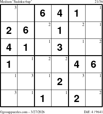 The grouppuzzles.com Medium Sudoku-6up puzzle for Friday March 27, 2026 with the first 3 steps marked