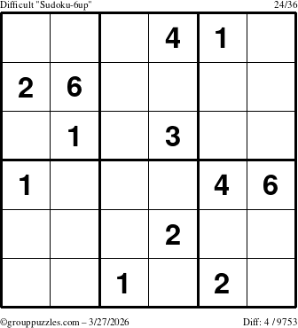 The grouppuzzles.com Difficult Sudoku-6up puzzle for Friday March 27, 2026