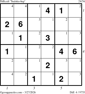 The grouppuzzles.com Difficult Sudoku-6up puzzle for Friday March 27, 2026, suitable for printing, with all 4 steps marked