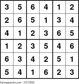 The grouppuzzles.com Answer grid for the Sudoku-6up puzzle for Friday March 27, 2026