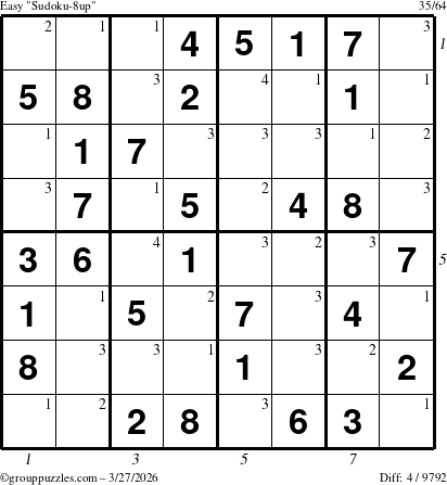 The grouppuzzles.com Easy Sudoku-8up puzzle for Friday March 27, 2026, suitable for printing, with all 4 steps marked