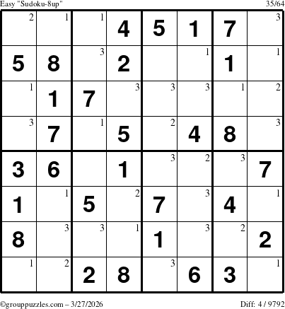 The grouppuzzles.com Easy Sudoku-8up puzzle for Friday March 27, 2026 with the first 3 steps marked