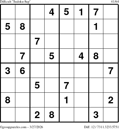 The grouppuzzles.com Difficult Sudoku-8up puzzle for Friday March 27, 2026