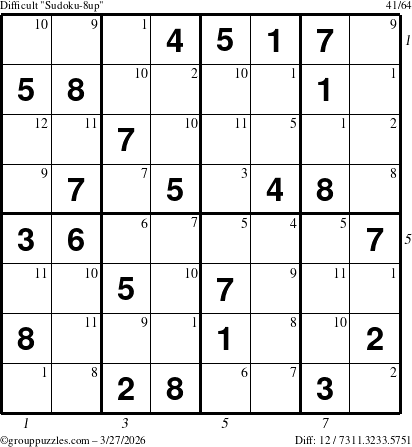 The grouppuzzles.com Difficult Sudoku-8up puzzle for Friday March 27, 2026 with all 12 steps marked