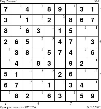 The grouppuzzles.com Easy Sudoku puzzle for Friday March 27, 2026, suitable for printing, with all 3 steps marked