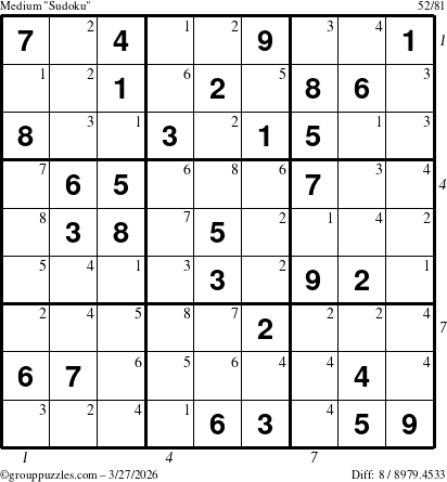 The grouppuzzles.com Medium Sudoku puzzle for Friday March 27, 2026, suitable for printing, with all 8 steps marked