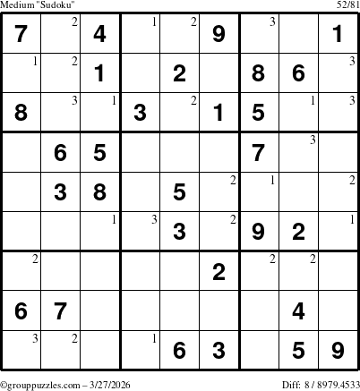 The grouppuzzles.com Medium Sudoku puzzle for Friday March 27, 2026 with the first 3 steps marked